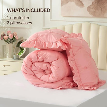 BEDELITE Pink Comforter Set Queen - 3 Pieces Boho Ruffle Pintuck Bedding Comforter Sets, Lightweight Soft & Warm Bed Comforter with 2 Pillowcases for Spring,Valentines Day Gift