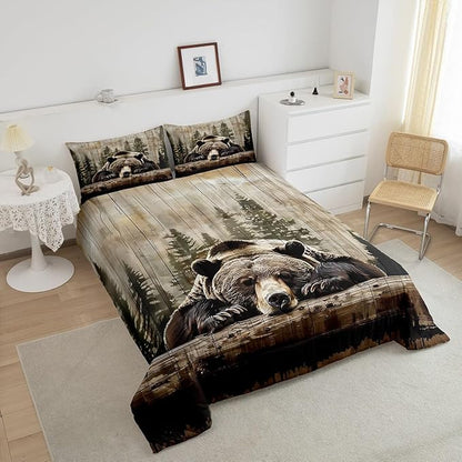 Feelyou Grizzly Bear Comforter Set Queen Size, Wild Animal Hunting Quilt Set with 2 Pillowcases, Western Cabin Bedding Set 3pcs for Kids Boys Teens Room Decor, Rustic Country Farmhouse Duvet Insert