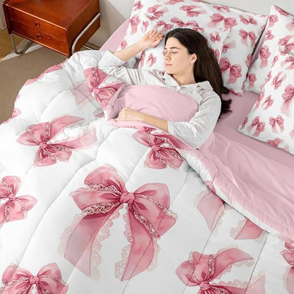 Erosebridal Pink Lace Bowknot Girls King 7-Piece Comforter Set | Cute Princess Ribbon Sheets and Pillowcases Kawaii Bow Kids Girly Bed in A Bag Women Teens Adults Bed Sets
