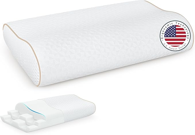 Sandwich Memory Foam Pillow for Sleeping - Ergonomic Cervical Cooling Pillows Queen Size, Adjustable Contour Pillow for Neck, Bed Pillow for Side, Back & Stomach Sleepers
