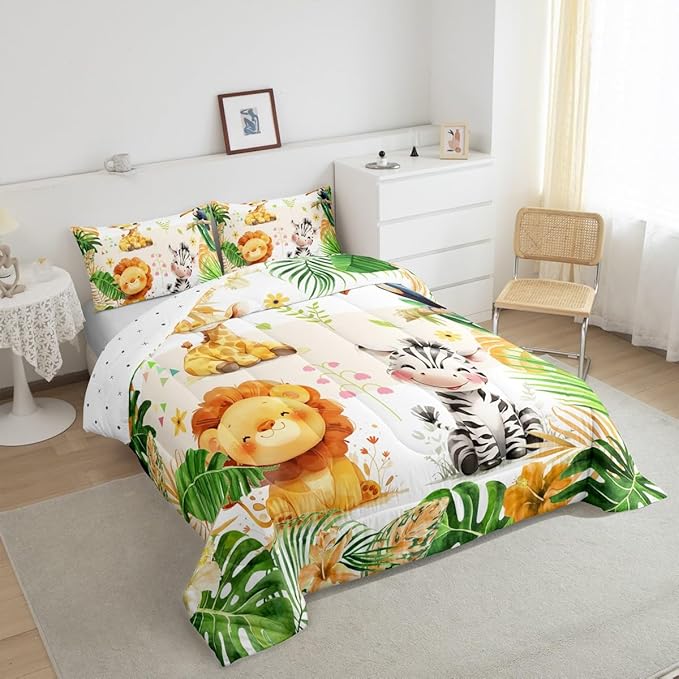 jejeloiu Kids Zoo Animal Bedding Set King Size Cute Animal Comforter Set for Boys Girls Teens Lion Giraffe Elephant Duvet Set Tropical Leaves Quilt Set 3Pcs