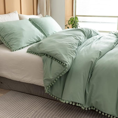 YIRDDEO Queen Comforter Set - Comforter Queen Size Sets with Ball Pom Fringe, Soft Bedding Set for All Seasons - 3 Pieces, 1 Comforter (90"x90") & 2 Pillow Shams (20"x26"), Sage Green