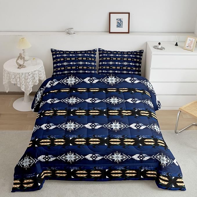 Erosebridal Western Decor,Vintage Exotic Indian Geometric Bedding Set Boho Western Comforter Set King,Ethnic Tribal Arrow Quilt Aztec Duvet Insert,Rustic Home Decor Rustic Farmhouse Decor Blue