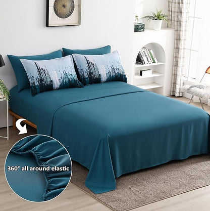 WONGS BEDDING Comforter Set King, Teal Blue 7 Pieces Bed in a Bag Colorful Abstract Art Gradient Comforter Soft Microfiber Bedding Set with Comforter,Flat Sheet,Fitted Sheet,Pillow Shams,Pillowcases