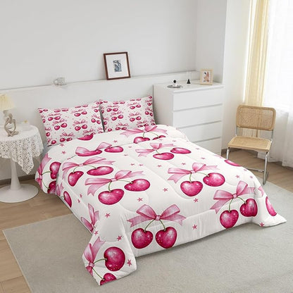 Feelyou Pink Girls Bow Bedding Set Boys Girls King Size Bow Comforter Set for Kids Women Men Ultra Soft Kawaii Cherry Prints Comforter Cute Bowknot Duvet Set Room Decor Lovely Quilt Set