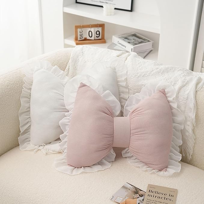 Set of 2 Bow Shaped Throw Pillow Soft Bowknot Decorative Pillows Cute Car Lumbar Pillows Novelty Bow Pillow for Sofa Couch Bed Living Room Bedroom (Pink+White)