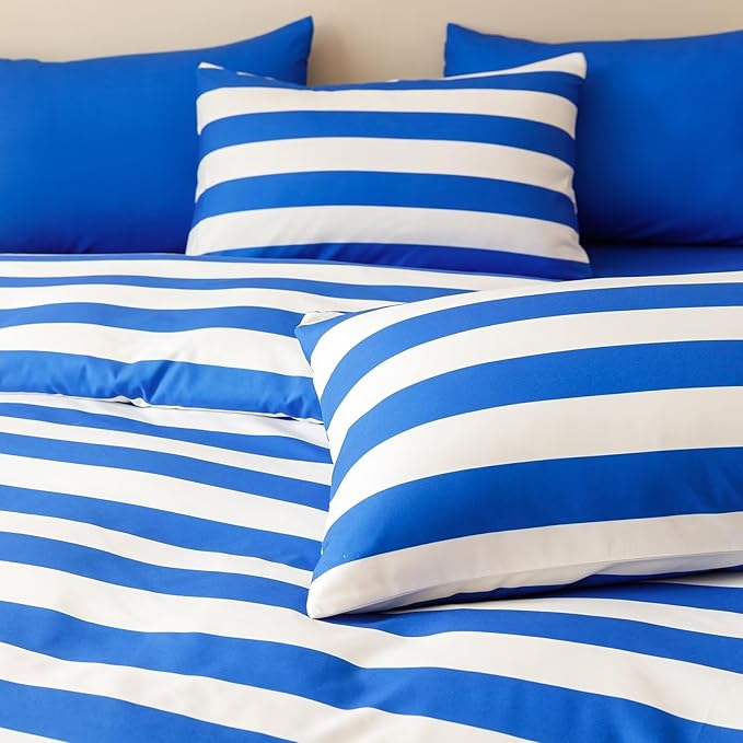 Houseri Blue and White Striped Comforter Set California King 3 Piece Blue Stripes Bedding Cal King Size Lightweight Bed Set Soft Comfy Quilt Blanket Cali King