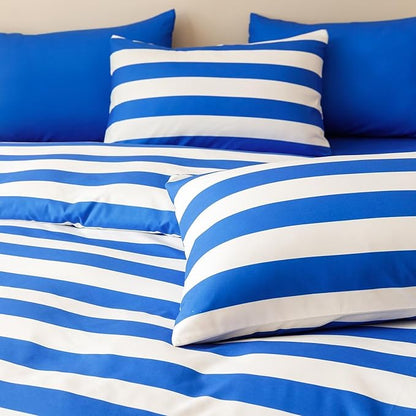 Houseri White and Blue Comforter Set Twin 3 Piece Blue Striped Bedding Twin Size Lightweight Classic Blue Stripes Bed Set Soft Comfy Quilt Blanket Twin