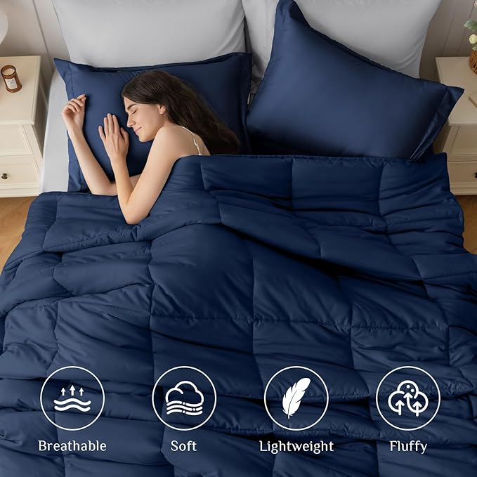 JOLLYVOGUE California King Comforter Set, Ultra-Soft Cal King Size Comforter Sets, 7-Piece Bed in a Bag, Goose Down Alternative, Oeko-TEX Certified, Sheets & Pillowcases, Navy Blue & Light Grey