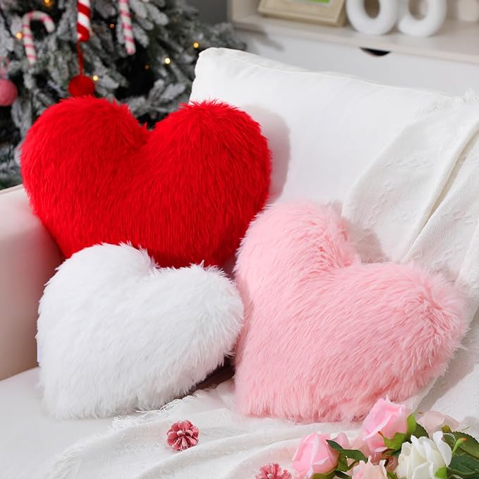 Bucherry 3 Pcs Valentine's Day Heart Throw Pillows, Red White Pink Heart Pillow Soft Decorative Back Cushion for Girls Women Bed Sofa Valentines Wedding Gifts Home Decor(Fluffy Plush,Without Ruffed)