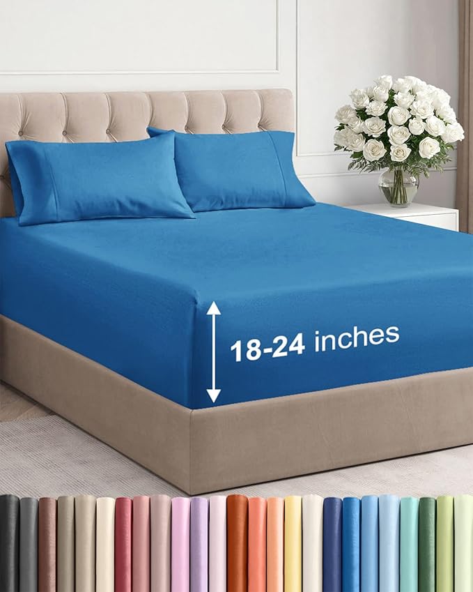 Extra Deep Twin Sheet Set - 4 Piece Breathable and Cooling Sheets - Hotel Luxury Bedding for Women, Men, Kids & Teens - Easy & Secure Fit - Soft, Wrinkle Free & Comfy - Extra Deep Pockets - Denim Blue