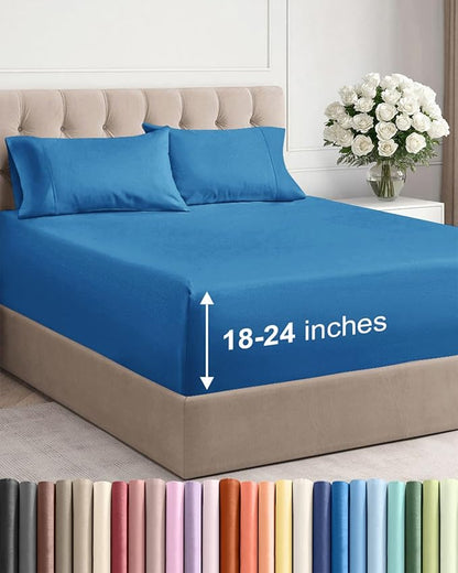 Extra Deep Twin Sheet Set - 4 Piece Breathable and Cooling Sheets - Hotel Luxury Bedding for Women, Men, Kids & Teens - Easy & Secure Fit - Soft, Wrinkle Free & Comfy - Extra Deep Pockets - Denim Blue