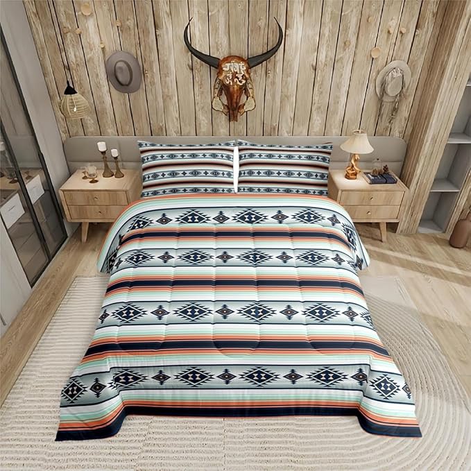Erosebridal Boho Aztec Comforter Set Bohemian Stripes Bedding Set Toddler Size,Ethnic Tribal Mexican Style Bedding Comforter Sets for Kids Adults American Native Southwestern Quilt Duvet 2 Pcs