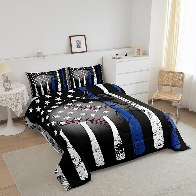 Boys Baseball Bedding Set Full,Grunge Style Baseball Bat Basketball Softball Comforter Set for Kids Bedroom Decor,American Flag Stars Quilted Duvet,Ball Sports Game Down Comforter Warm,White Blue