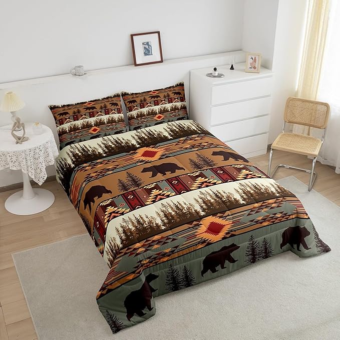 Feelyou Boho Comforter Set Full Size Bear Comforter for Boys Girls Teens Rustic Bedding Set Cabin Duvet Set Room Decor Olive Brown Quilt Set