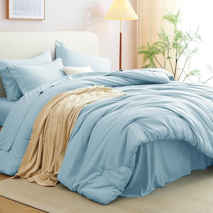 CozyLux Queen Comforter Set Light Blue, 7 Pieces Bed in a Bag Queen Comforter Set with Sheets, Soft Bedding Sets with Down Alternative Comforter, Fitted Sheet, Flat Sheet, Pillow Shams and Pillowcases