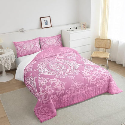 Feelyou Adults Pink Vintage Damask Floral Comforter Set Oriental Antique Comforter Twin Size Gothic Bohemia Boho Floral Bedding Set Bohemian Exotic Duvet Set Quilt Set 2Pcs