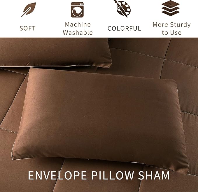 Exclusivo Mezcla Lightweight Reversible Queen Size Comforter Set, Down Alternative Comforter with 2 Pillow Sham, Queen Size Bedding Set for All Seasons, Brown/Khaki