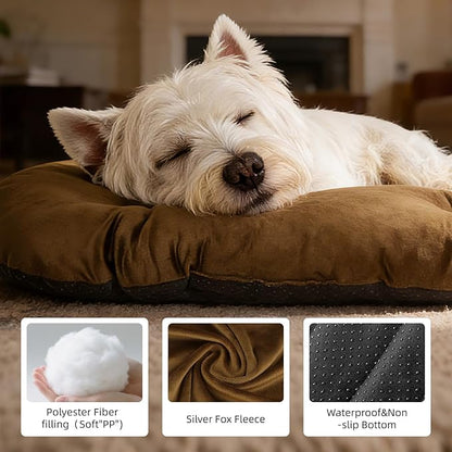 Durable & Washable Dog Bed for Small Medium Dogs & Cats, Plush Faux Silver Fox Fur Oval Bed with Non-Slip Bottom & Supportive Pad, 29”x18” Brown