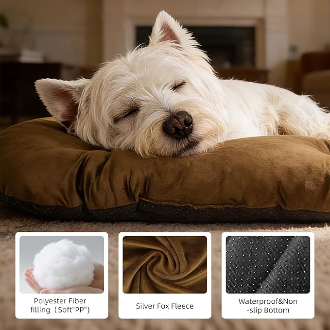 Washable Large Dog Bed 35x22 Inch - Silver Fox Faux Fur Supportive Pad, Non-Slip Bottom Durable Oval Pet Bed Indoor Outdoor for Medium Dogs Cats(Brown)