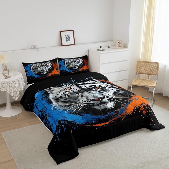 Manfei Tiger Comforter Set for Kids Adults,Jungle Wildlife 3D Animals Bedding Comforter Sets Twin,Watercolor Blue Orange Taekwondo Graffiti Quilt Comforter with 1 Pillowcase