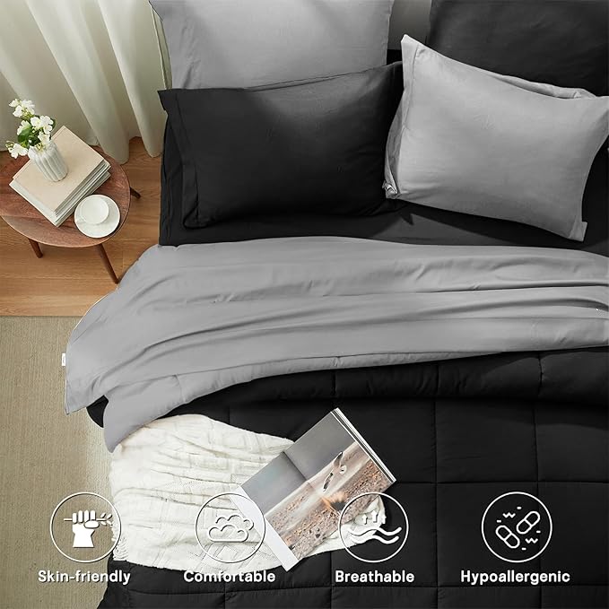 Anluoer California King Size Bed in a Bag 7 Pieces,Black and Grey Cal King Comforter Set with Sheets,All Season Bedding Sets with Comforter,Pillow Shams,Pillowcases,Flat Sheet,Fitted Sheet