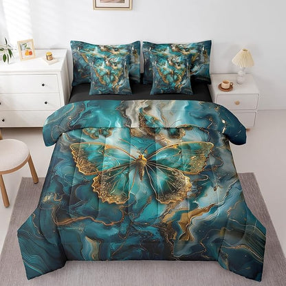 Erosebridal Boho Butterfly King Comforter Set with Sheets 7 Piece,Teal and Gold Marble Gradient Bedding Set Abstract Decor for Bedroom,Trippy Butterfly Bed in a Bag with Pillowcases & Shams