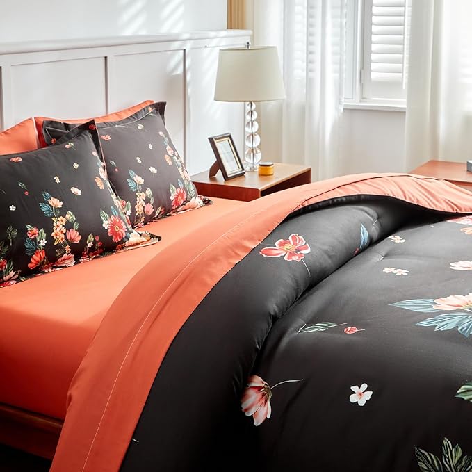 Joyreap 6 Piece Bed in a Bag Twin, Floral Comforter Sheet Set, Black n Orange Flowers Design, All Season Microfiber Bedding Comforter Set
