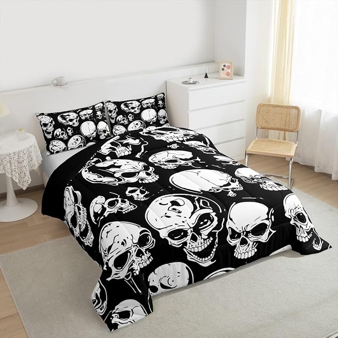 Erosebridal Boys Black Skull King Size Comforter Set, Halloween Skeleton Skull Bedding Set, Gothic Skeleton Comforter for Kids Teens Adults Men Goth Room Decor, Terror Theme Black Quilt