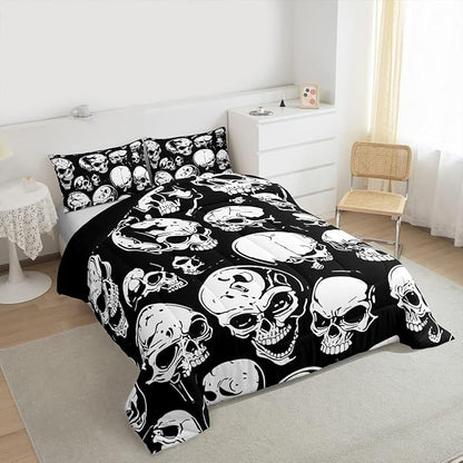 Erosebridal Boys Black Skull Bedding Set Twin, Halloween Skeleton Skull Comforter Set, Gothic Skeleton Comforter for Kids Teens Adults Men Goth Room Decor, Terror Theme Black Quilt