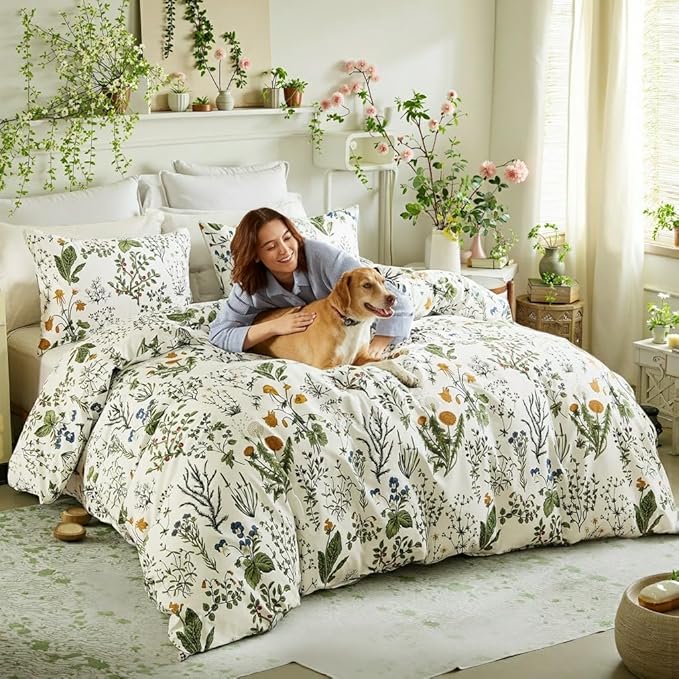 Green Comforter Set Queen, 100% Cotton Reversible Floral Pattern Comforter Set 3 Pcs Soft Cotton Lightweight Comforter All Season Soft & Breathable Green Bedding Set