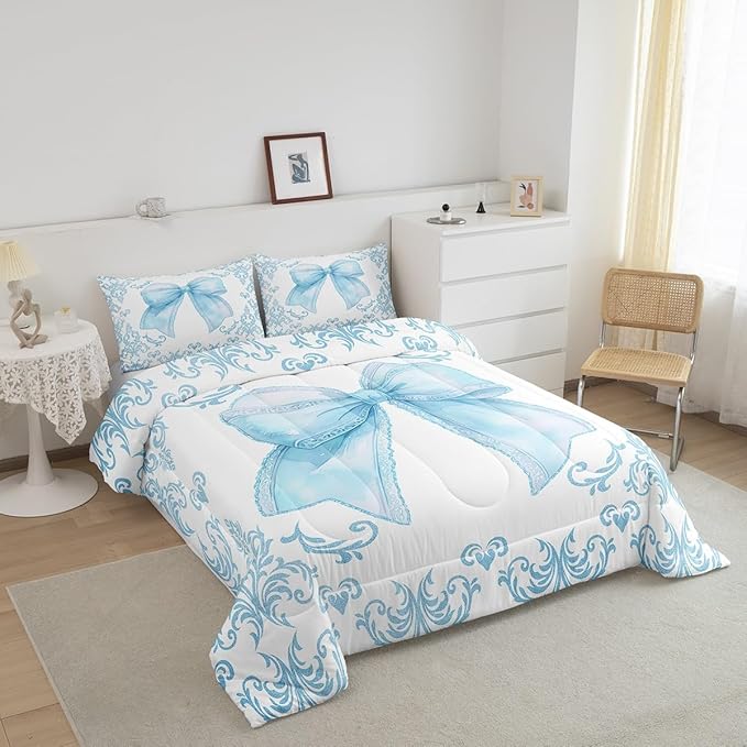 jejeloiu Girls Pretty Ribbon Blue Bow Bedding Set King Size Blue Damask Comforter Set for Kids Women Cute Bow Duvet Set Princess Quilt Set 3Pcs