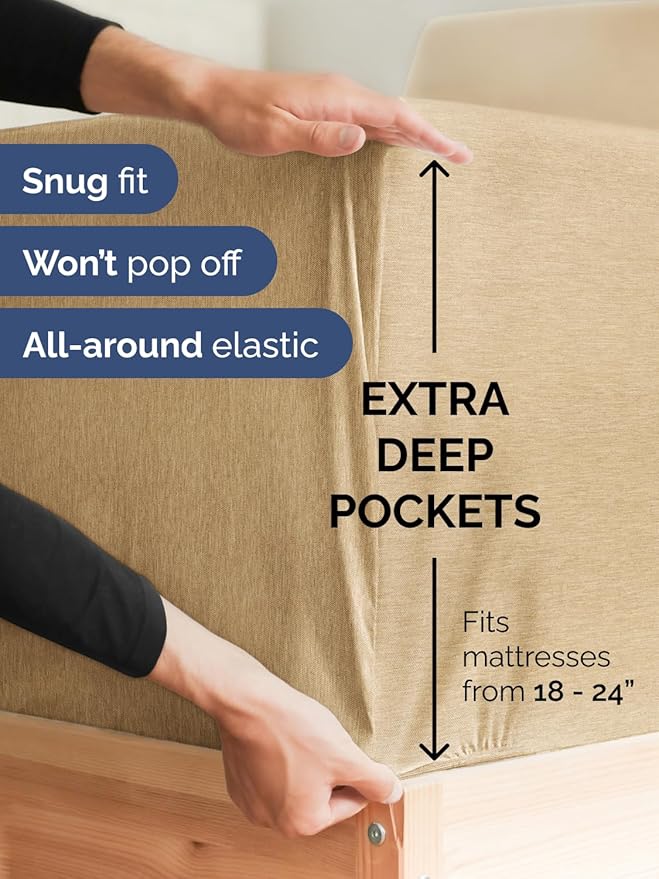Extra Deep Twin Sheet Set - 4 Piece Breathable and Cooling Sheets - Hotel Luxury Bedding for Women, Men, Kids & Teens - Easy & Secure Fit - Soft and Wrinkle Free - Extra Deep Pockets - Heathered Tan