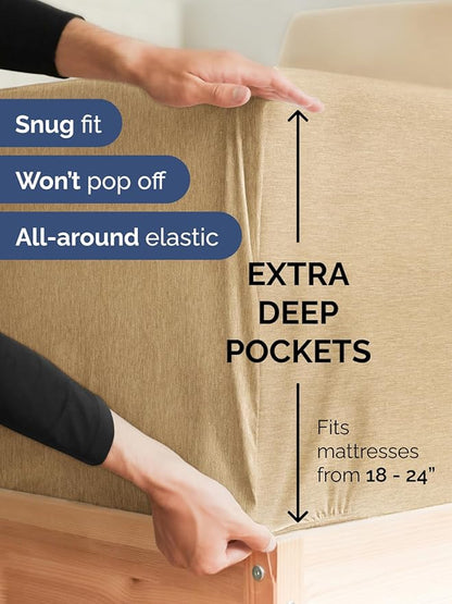 Extra Deep Twin Sheet Set - 4 Piece Breathable and Cooling Sheets - Hotel Luxury Bedding for Women, Men, Kids & Teens - Easy & Secure Fit - Soft and Wrinkle Free - Extra Deep Pockets - Heathered Tan
