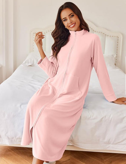 Ekouaer Women Zipper Robe Long Sleeves House Coat Soft Bathrobe Sleepwear with Pockets Housecoat Loungewear