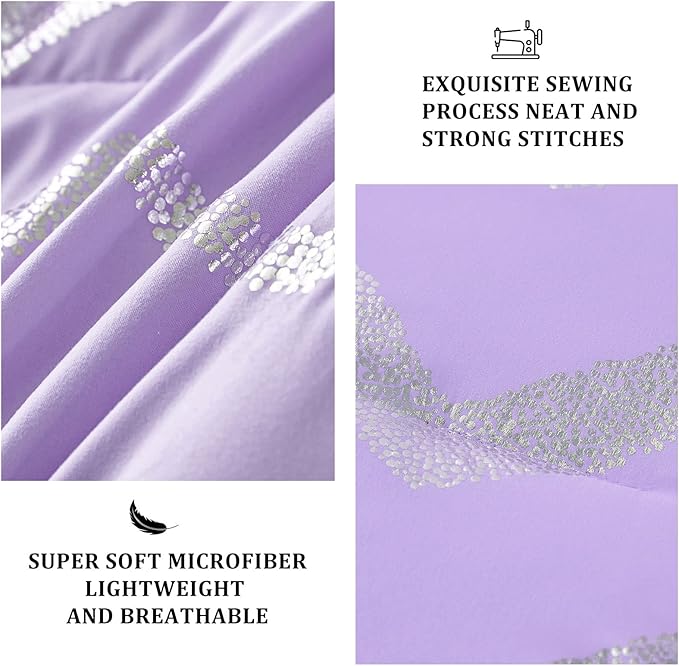 Menghomeus Purple/Silver Comforter Set Twin Lavender Metallic Print Glitter Bed Comforter Cute Shinny Bedding for Teen Girls Kids Women, 3 Piece (1 Pillowcase, 1 Decorative Pillow Sham)