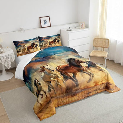 Feelyou Horse Bedding Set Toddler Size Galloping Horse Comforter Set for Kids Boys Girls Decor Cute Animal Decor Comforter Galaxy Brown and Blue Duvet Set