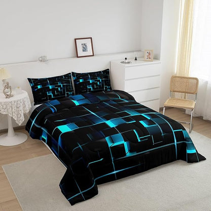 Erosebridal Neon Turquoise Black Comforter Set Twin Size 2 Piece Geometric Kids Bedding Set Honeycomb Comforter for Teens Women Adult Bedroom Decor, Aesthetics Modern Quilt