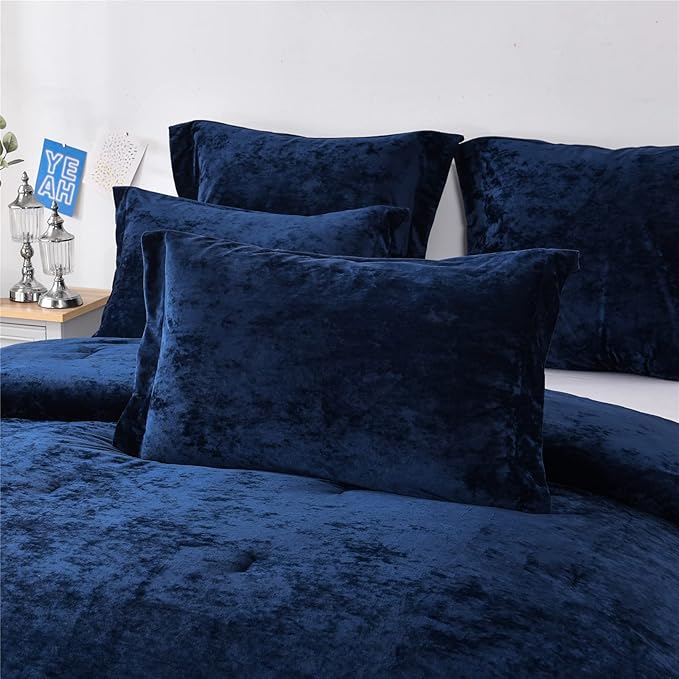 Sunshine Nicole Distressed Velvet Comforter Set, Distressed Velvet Face and Brushed Solid Microfiber Reverse, with Light Weight Soft Poly Fill, 5 Pieces Navy, Queen