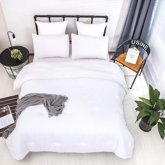 CLOTHKNOW White King Size Comforter Set 3Pcs White Bedding Comforter Sets Soft All Season Men Women Comforter Sets with 2 x Pillow Cases