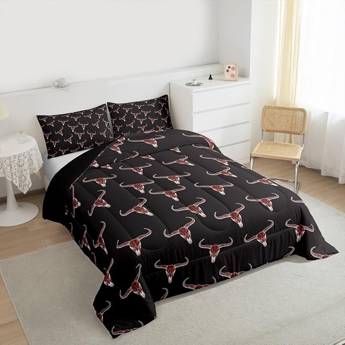 Erosebridal Bull Skull Comforter Set Queen Ethnic Bohemian Bedding for Men Boys | Tribal Steer Skull Wildlife Aztec Bedroom Decor Farmhouse Cabin Lodge Duvet Insert with 2 Pillow Cases,Black Red