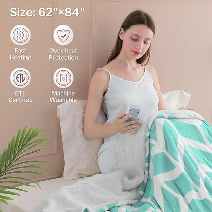 VENTIMI Electric Blanket Heated Throw, 62" x 84" Heated Blanket with 9 Heat Levels & 2 to 10 Hours Auto Off, Fast Heating Blankets with ETL & FCC Certification, Green