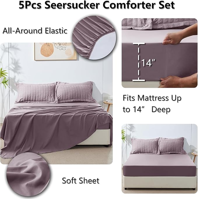 CozyLux Twin Comforter Set with Sheets 5 Pieces, Dusty Purple Seersucker Textured Bed in a Bag, Luxury Soft Bedding Set with Down Alternative Comforter, Sheets, Pillowcases & Shams for All Seasons