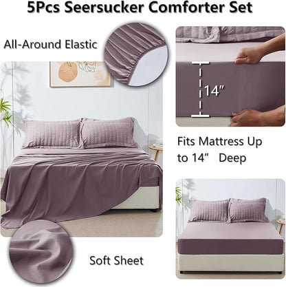 CozyLux Twin Comforter Set with Sheets 5 Pieces, Dusty Purple Seersucker Textured Bed in a Bag, Luxury Soft Bedding Set with Down Alternative Comforter, Sheets, Pillowcases & Shams for All Seasons
