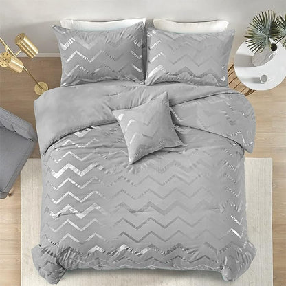 Menghomeus Grey and Silver Comforter Set King Metallic Print Geometric Bed Comforter 4 Piece Soft Microfiber Bedding for Teen Girls Boys Women (2 Pillow Shams + 1 Decorative Pillow Sham)