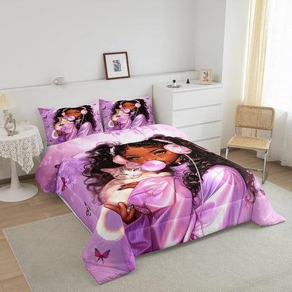 Black Princess Kids Comforter Set Toddler Size,Cartoon Cat Cute Animal Pet Bedding Set,Girls Women Room Decor,African American Theme Girl Down Comforter,Purple Romantic Duvet Insert,1 Pillowcase