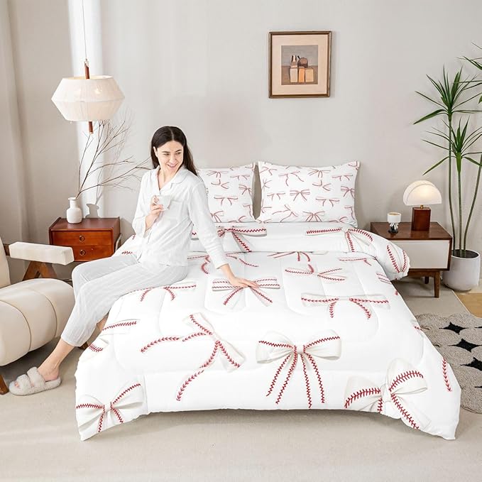 Bowknot Baseball Bedding Sets King Size,Red Lines White Bow Knot Comforter Set 3Pcs for Kids Girls Boys Women Room Decor,Baseball Sports Gaming Quilted Duvet Modern Soft Down Comforter,2 Pillowcases