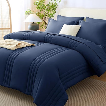 CozyLux Oversized King Comforter Set - 7 Pieces Bed in a Bag Navy Blue Comforter Set with Sheets All Seasons Bed Set, Soft Bedding Set with Down Alternative Comforter, Sheets, Pillowcases & Shams
