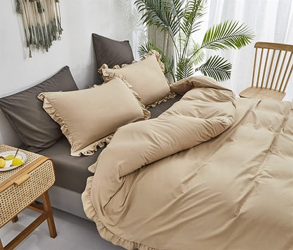 CLOTHKNOW Champagne Ruffles Queen Comforter Set 3Pcs Farmhouse Bedding Comforter Sets Soft Tan Comforter Khaki Comforter with 2 x Pillow Cases