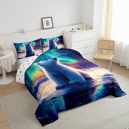 Manfei Kawaii Polar Bear Comforter Toddler for Kids Adults Youth,Aurora Neon Colorful Galaxy Sky Quilt Comforter Room DecorCartoon Little Bear Wildlife Quilted Duvet Duvet Insert,1 Pillowcase